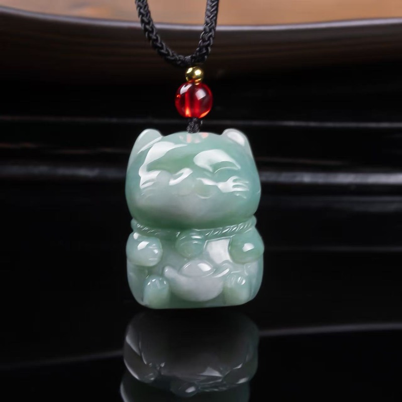 Women Fashion Necklace - Doğal Zümrüt Yeşim Şanslı Kedi Kolye