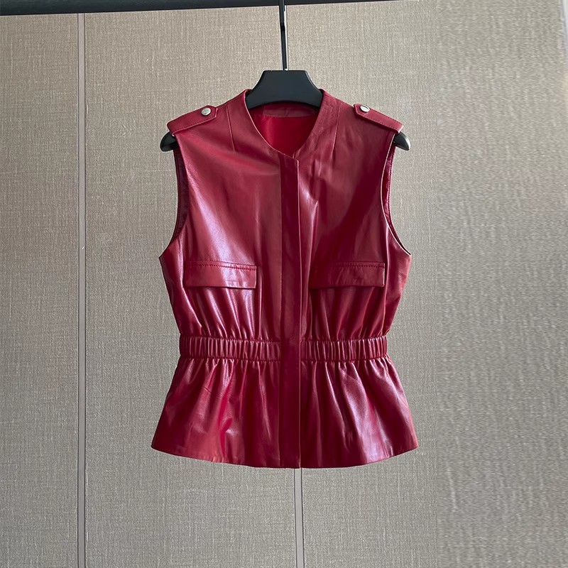 Women'S Fashion Leather Jacket - Kadın İnce Bel Kırmızı Hakiki Deri