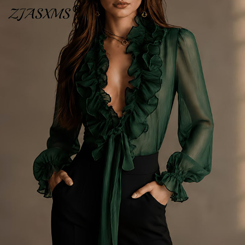 Wrap Blouse Chiffon - Zarif Kadınlar İçin Tek Renk Şeffaf