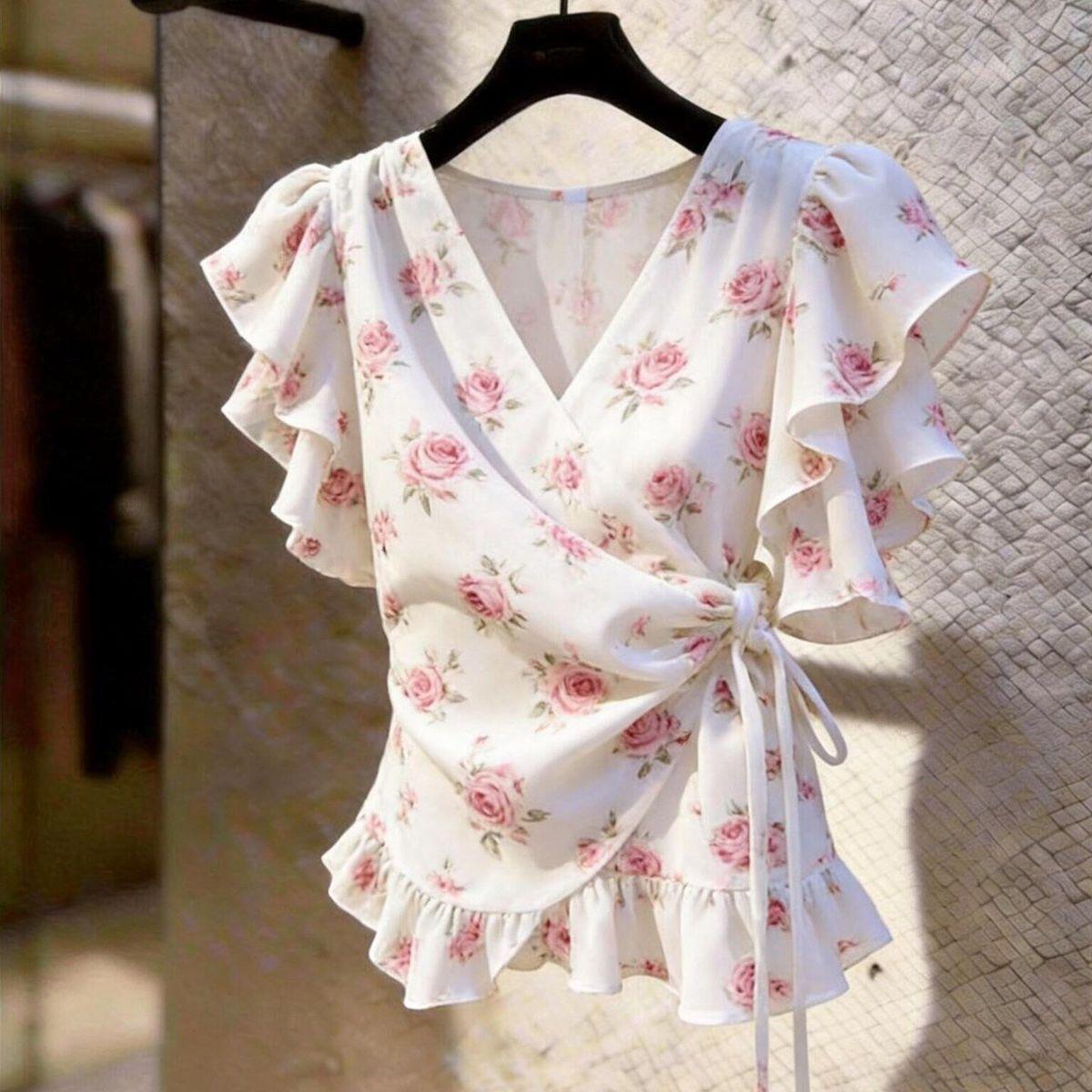 Wrap Blouse Chiffon - Kadınlar İçin V Yaka Şifon Bluz