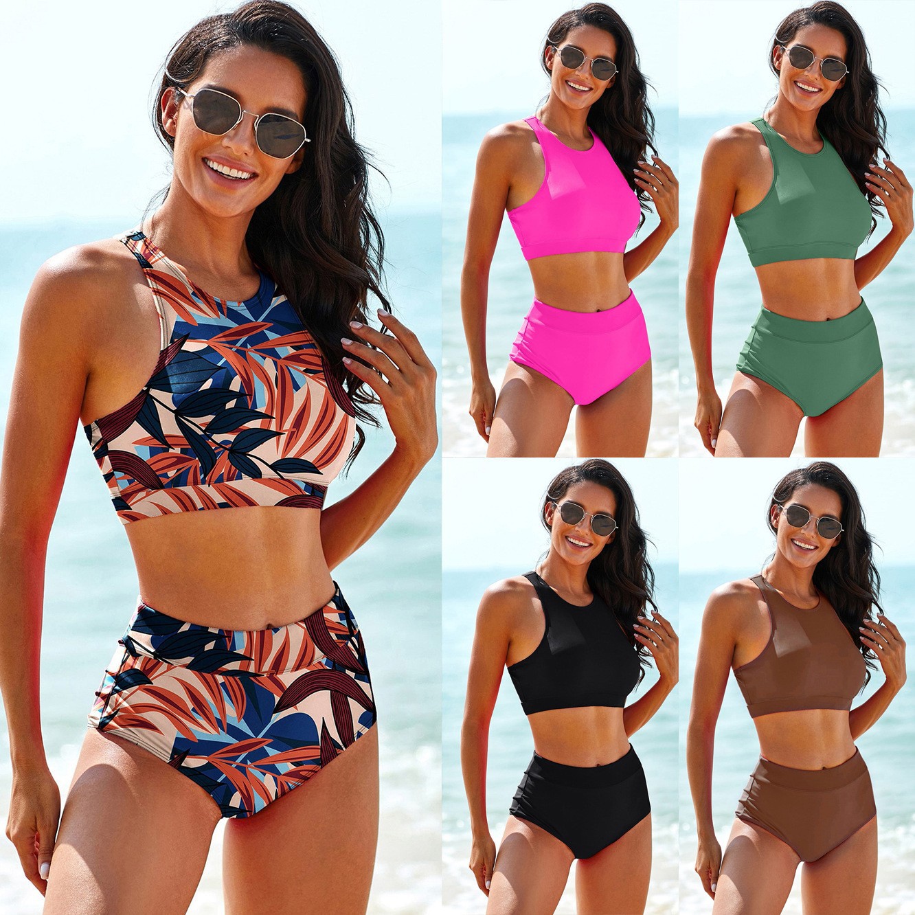 Crop Top Women - Kadın Mayoları Düz ​​Renk Tankini Tropikal