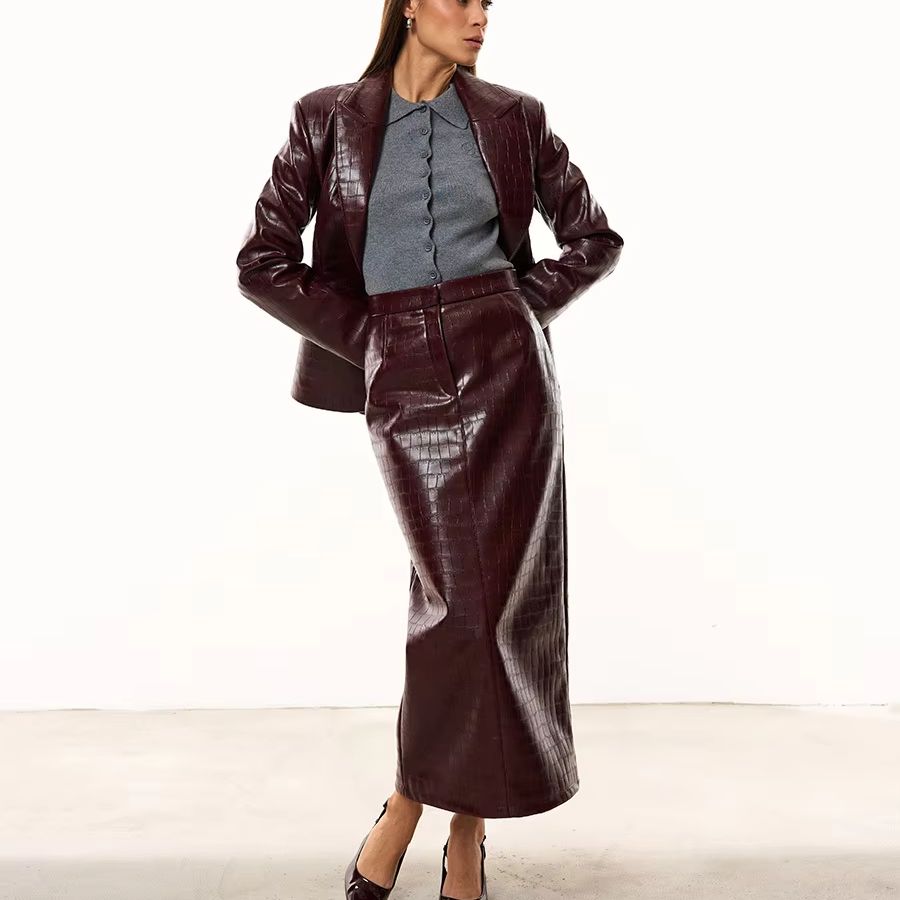 Women'S Fashion Leather Jacket - IG Kadın Bordo Timsah Görünümlü Suni