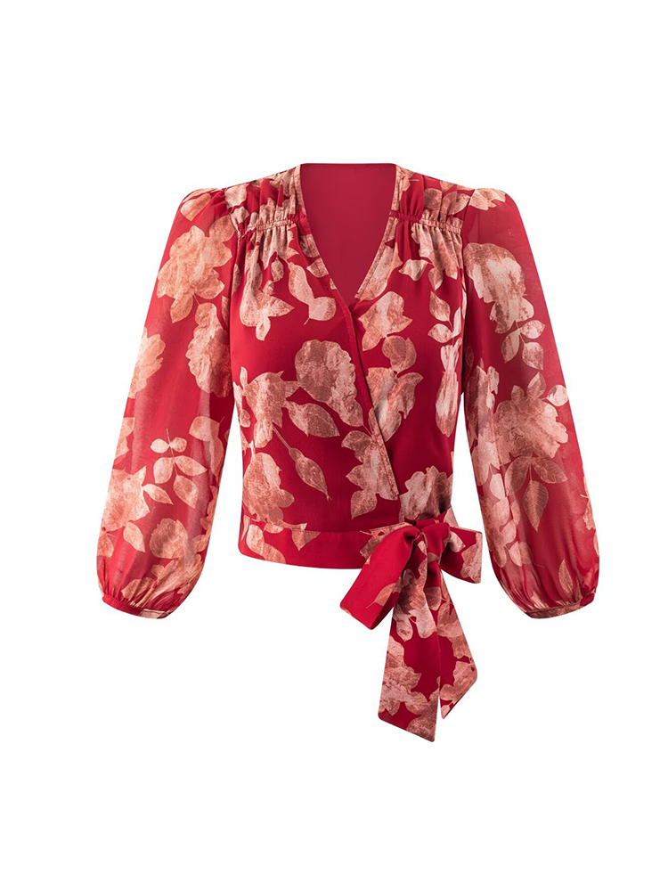 Wrap Blouse Chiffon - Kadın V Yaka Wrap Bandaj Bluzlar