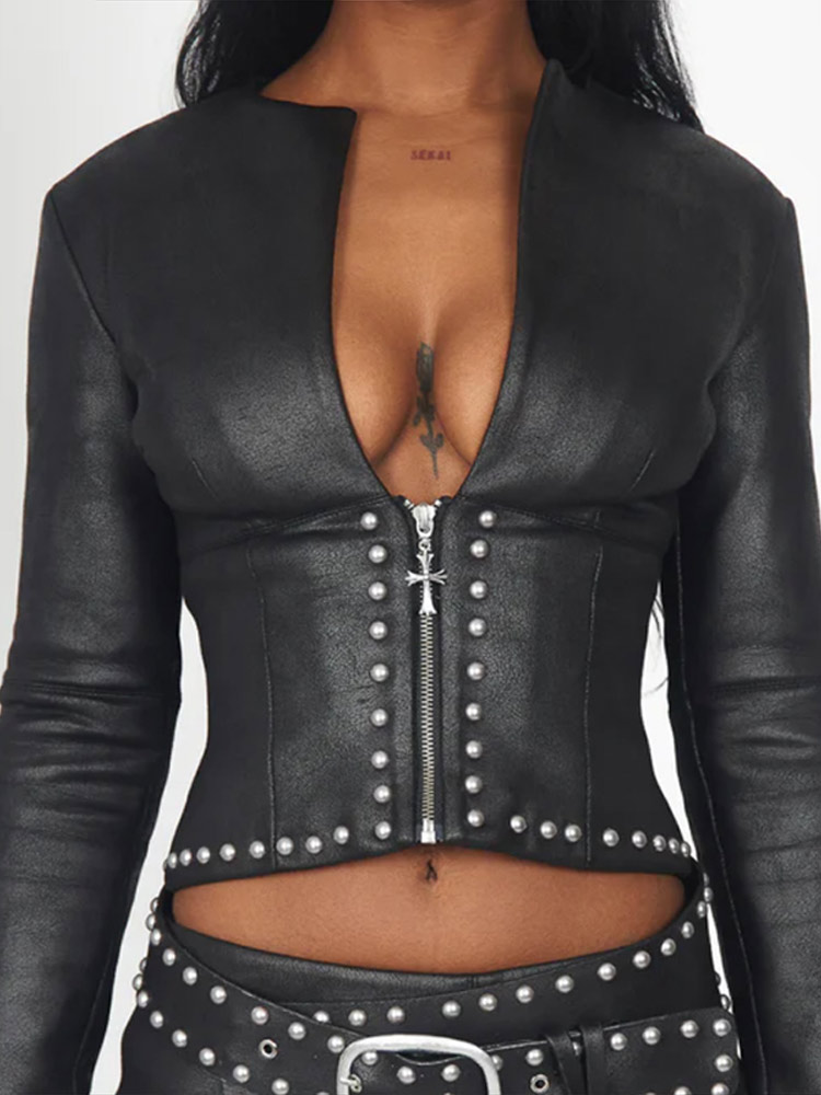 Moda Perçin Dekorlu PU Deri Ce - Women'S Fashion Leather Jacket incelemesi ve fiyatı
